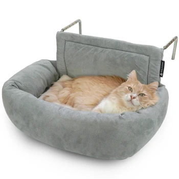 Ein gemütliches graues Katzenbett mit einem weichen, plüschigen Design, das eine erhöhte Rückenlehne zur Unterstützung hat, und eine flauschige orangefarbene Katze, die bequem darin ruht.