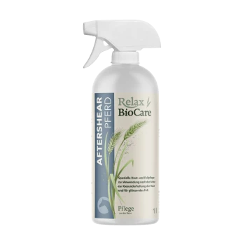 Sprühflasche von Relax BioCare After Shear für Pferde, mit Weizengrafiken und Text auf Deutsch über Haut- und Fellpflege.