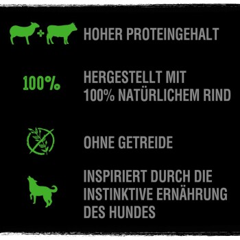 Reklama karmy dla zwierząt w języku niemieckim z tekstem: "Wysoka zawartość białka," "100% naturalna wołowina," "bez zbóż," oraz "instynktowna dieta dla psów," plus ikony krowy i psa.