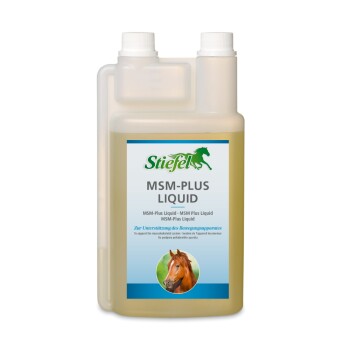 Flasche Stiefel MSM-Plus Flüssigkeit für Pferde, mit einem Pferdebild und Text, der Glucosamin und Chondroitin hervorhebt.