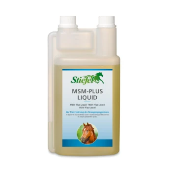 Flasche Stiefel MSM-Plus Flüssigkeit für Pferde, mit einem Pferdebild und Text, der Glucosamin und Chondroitin hervorhebt.