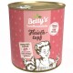 Dose mit Betty's Landhausküche Hundefutter, "Fleisch-topf," mit einem rosa Design und Hundillustration, die "extra viel Fleisch" hervorhebt.