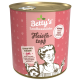 Dose mit Betty's Landhausküche Hundefutter, "Fleisch-topf," mit einem rosa Design und Hundillustration, die "extra viel Fleisch" hervorhebt.