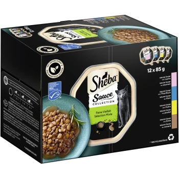 Multipack Sauce Collection Feine Vielfalt MSC 12x85 g Sheba Sauce Collection Katzenfutterpackung, mit 12 x 85 g Portionen in einer schwarzen Box mit einem Katzenbild und Geschmacksrichtungen wie Lachs und Thunfisch.