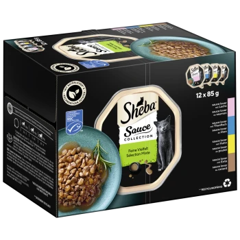 Pack de nourriture pour chats Sheba Sauce Collection, comprenant 12 portions de 85g dans une boîte noire avec une image de chat, et des saveurs incluant saumon et thon.