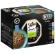 Pack de nourriture pour chats Sheba Sauce Collection, comprenant 12 portions de 85g dans une boîte noire avec une image de chat, et des saveurs incluant saumon et thon.