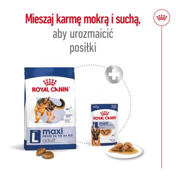Opakowanie karmy dla psów Royal Canin z suchą karmą i mokrą karmą, oznaczone jako "L maxi adult," odpowiednie dla psów ważących 26-44 kg, promujące zdrowie układu pokarmowego.