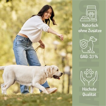 Eine Holzschale mit runden Tabletten neben einem Futterplan für Hunde und Katzen mit dem Titel "MICH KANNST DU EINFACH VERFÜTTERN" von ALPHAZOO.