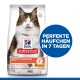Hill's Science Plan Katzenfutterbeutel mit einer Katze, die sich die Lippen leckt. Der Text hebt "Perfekte Verdauung" und "Perfekte Häufchen in 7 Tagen" hervor.