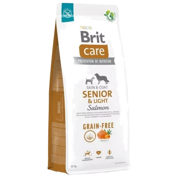 Brit Care Skin & Coat Senior & Light Lachs-Hundefutter, 12 kg Beutel, getreidefreie Formel für ältere Hunde, fördert das Gewichtmanagement und die Gelenkgesundheit.