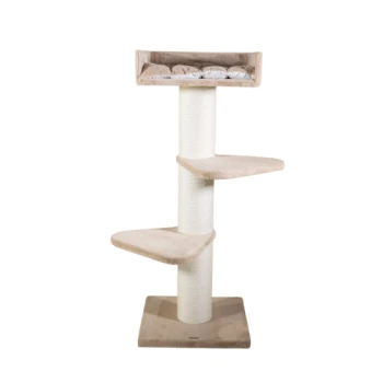 Ein beiger Katzenbaum mit drei Plattformen und einer gemütlichen oberen Liegefläche, entworfen zum Klettern und Ausruhen.
