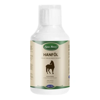 Flasche Lyra Horse Hanföl (Hanföl) für Pferde, 500 ml, mit einer Silhouette eines Pferdes auf dem Etikett.