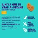 Fond turquoise avec un biscuit en forme de patte. Ingrédients : flocons d'avoine, millet, banane, beurre de cacahuète. Texte : "Recette végétale", "Sans sucres", "Céréales."