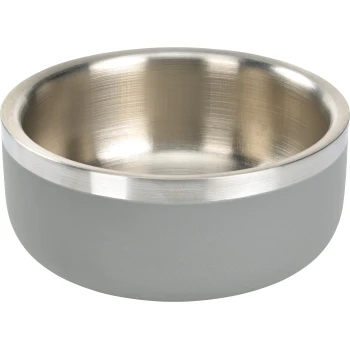 Bol en acier inoxydable pour animaux de compagnie avec un intérieur en métal brossé et un extérieur gris mat.