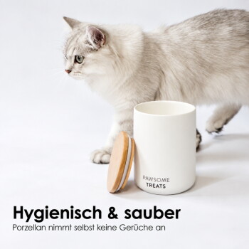 Eine getigerte Katze schnüffelt an einem schwarzen Leckerli-Glas mit der Aufschrift "PAWSOME TREATS", neben einem weißen Glas mit derselben Aufschrift, auf einer hellen Oberfläche.