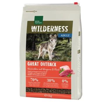 WILDERNESS Trockenfutter Hund, Adult, Great Outback Kaninchen, Känguru und Rind 4 kg 4 kg Sack Real Nature Wilderness Hundefutter mit einem Wolf im Wald. Etikett: 'Great Outback' - Kaninchen, Känguru & Rind, 70 % Fleisch.