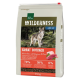 Sac de 4 kg de nourriture pour chiens Real Nature Wilderness avec un loup dans une forêt. Étiquette : 'Great Outback' - Lapin, Kangourou & Bœuf, 70 % de viande.