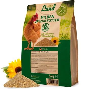 Ein 5-kg-Sack "Hühner Land Milben Spezialfutter" für Geflügel, mit einem braunen Huhn auf der Vorderseite, mit Text, der Vitamine und Mineralien hervorhebt.