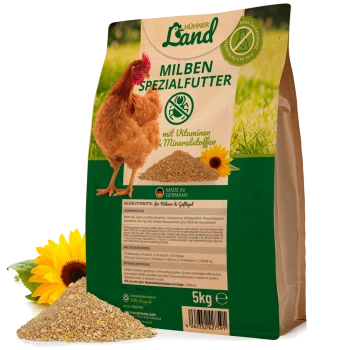 Ein 5-kg-Sack "Hühner Land Milben Spezialfutter" für Geflügel, mit einem braunen Huhn auf der Vorderseite, mit Text, der Vitamine und Mineralien hervorhebt.