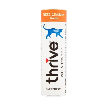 Thrive 100% Hühner-Leckerlis für Katzen, zylindrische Verpackung mit einer blauen Katzensilhouette, beschriftet mit "Rein & Unwiderstehlich" und "0% Unsinn."