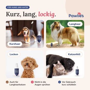 Ein schlafender Welpe und Kätzchen kuscheln sich unter einer blauen Decke neben einer Flasche Pawlie's Fellpflege Spray für stressfreies Grooming.