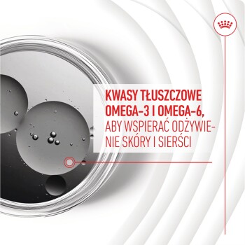 Kwasy tłuszczowe Omega-3 i Omega-6 do odżywiania skóry i sierści, z wizualizacją kropli cieczy w okrągłym wzorze.