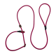 Magentafarbenes Tau-Slip-Lead mit verstellbaren Metallringen und schwarzen Gummistoppern vor schwarzem Hintergrund.