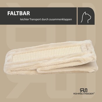 Beige faltbare Haustierdecke mit weicher Textur, mit dem Text "leichter Transport durch zusammenklappen."