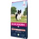 Eukanuba Senior Trockenfutter für Hunde in einer Tüte mit einem laufenden schwarz-weißen Hund auf einem grasbewachsenen Feld, gekennzeichnet für kleine und mittelgroße Rassen, 12 kg.