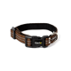 Braunes Haustierhalsband mit reflektierenden Streifen, mit einer schwarzen Schnalle und einem metallischen D-Ring, beschriftet mit "lionto" und misst 1,5 cm.
