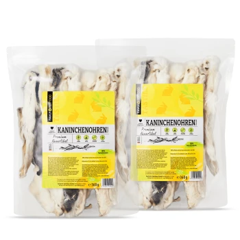 Kaninchenohren mit Fell 720 g Zwei Tüten "Kaninchenohren" Hundeleckerlis, als Premiumqualität gekennzeichnet, 100% Naturprodukt, jeweils 360g schwer.