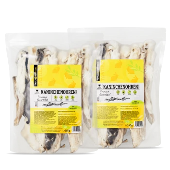Zwei Tüten "Kaninchenohren" Hundeleckerlis, als Premiumqualität gekennzeichnet, 100% Naturprodukt, jeweils 360g schwer.