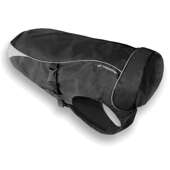 Schwarze Hundeweste mit reflektierenden Akzenten und verstellbarem Schnallenverschluss, mit dem Text 'go together' an der Seite.