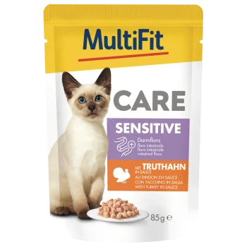 MultiFit CARE SENSITIVE Katzenfutterbeutel mit Siamkatze und Teller mit Truthahn in Sauce; Aufschrift 'Truthahn' und '85 g'.