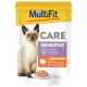 MultiFit CARE SENSITIVE Katzenfutterbeutel mit Siamkatze und Teller mit Truthahn in Sauce; Aufschrift 'Truthahn' und '85 g'.