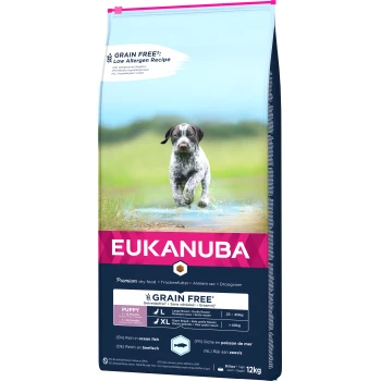 Grain Free* Szczenięta dużych ras, ryby oceaniczne 12 kg Torba z suchą karmą dla szczeniąt Eukanuba Grain Free z biegającym psem, oznaczona 'Premium dry food', z informacjami o odpowiedniości dla wieku i rozmiaru rasy.