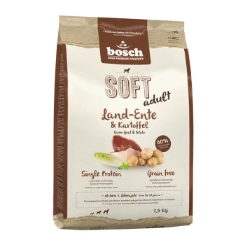 Bosch Soft Adult Hundefutter-Beutel mit "Land-Ente & Kartoffel", 60% Fleischanteil, einzelnes Protein, getreidefrei, 2,5 kg.