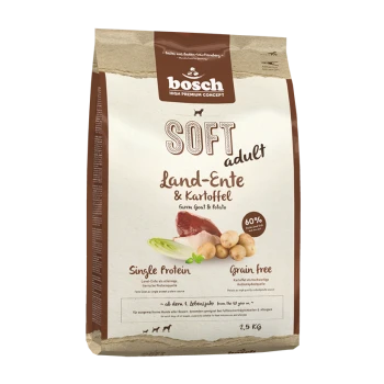 Bosch Soft Adult Hundefutter-Beutel mit "Land-Ente & Kartoffel", 60% Fleischanteil, einzelnes Protein, getreidefrei, 2,5 kg.
