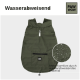 Wasserabweisende olivgrüne Haustierjacke mit einem Reißverschluss vorne und einer Tasche, mit 'PAW WOW'-Logo und Wassertropfendetail.