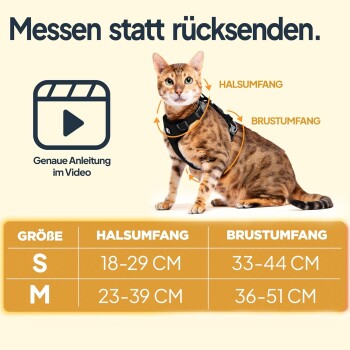 Eine Katze, die ein Geschirr trägt, mit Pfeilen, die Nacken- und Brustmaße anzeigen. Der Text enthält Größenoptionen und Maßanleitungen.
