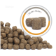 Haustierfutter-Kibble, das in einem Haufen präsentiert wird, mit einer Nahaufnahme, die einzelne Stücke von 5,5 mm x 5,5 mm zeigt.