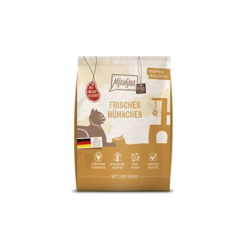 MjAMjAM PUR Katzenfutterbeutel mit der Aufschrift 'Frisches Hühnchen', Katzensilhouette, deutscher Flagge und rotem 'Mit Frischfleisch'-Anhänger.
