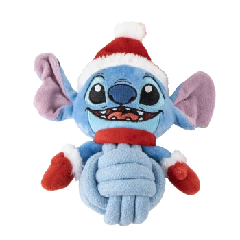 Blue plush dog toy resembling Stitch wearing a red Santa hat and mittens with a knotted rope body.
