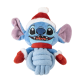 Blue plush dog toy resembling Stitch wearing a red Santa hat and mittens with a knotted rope body.