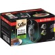Sheba Perfect Portions Katzenfutterpackung mit 6 Portionen plus 2 gratis, mit Geschmacksrichtungen von Lachs und Huhn, und einer eleganten grauen Katzensilhouette.