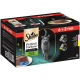 Sheba Perfect Portions Katzenfutterpackung mit 6 Portionen plus 2 gratis, mit Geschmacksrichtungen von Lachs und Huhn, und einer eleganten grauen Katzensilhouette.