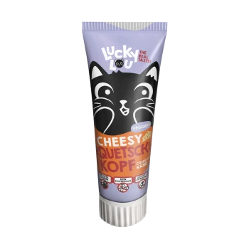 Tube mit Lucky Lou Cheesy Quetsch Kopf Katzenleckerlis mit schwarzer Katzenillustration und Text „The Real Taste!“ und „Veggie!“