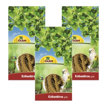 Trois paquets de nourriture pour oiseaux JR FARM Kolbenhirse jaune, avec des feuilles vertes, un perruche et un cockatiel sur le devant.