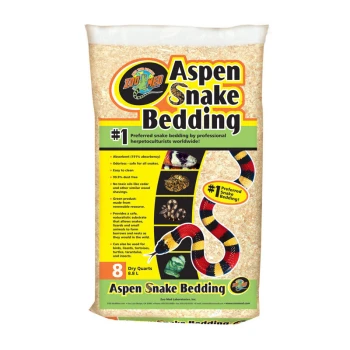 Aspen Snake Bedding-Beutel mit einem bunten Schlangengrafik, hebt seine Saugfähigkeit, geruchlose Natur und Sicherheit für alle Schlangen hervor.