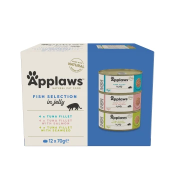 Applaws natürliche Katzenfutterbox mit Fischauswahl in Gelee, enthält 12 Dosen (70g jede) mit Thunfischfilet, Thunfisch mit Lachs und Thunfisch mit Algen.